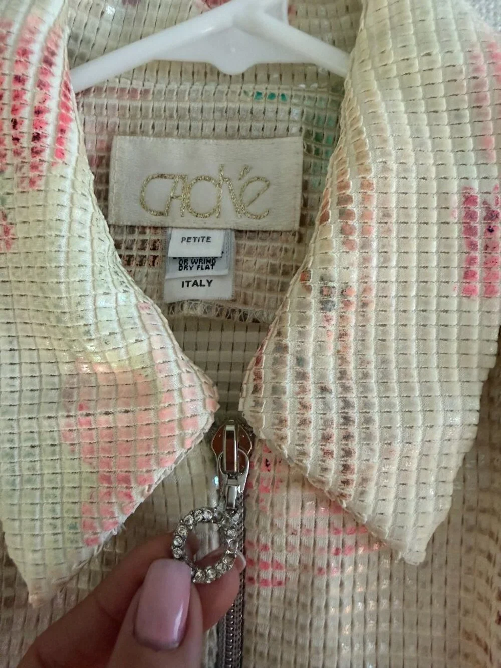 Caché Italy Metallic Pink & Ivory Textured Zip Jacket Petite Vintage Designer Bl - Picture 5 of 7